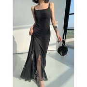 WANGXO黑色吊带背心连衣裙女夏季2023修身显瘦设计感长款裙子