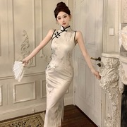 日常复古新中式旗袍少女印花民国风中长款性感收腰开叉无袖连衣裙