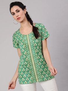 印度女装纯棉印花扎染民族风七分袖圆领短款上衣 绿色短袖夏款