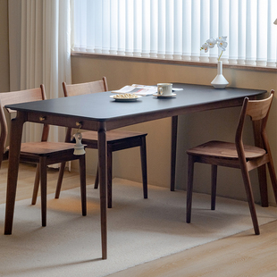 拾影木筑 岩板餐桌黑胡桃木实木桌子小户型餐桌长方形餐桌椅组合