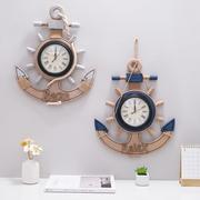 地中海船锚复古墙壁挂钟客厅木质船舵时钟酒吧做旧装饰品创意钟表