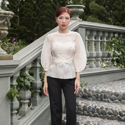 越南小众品牌ELENII 2024年新春气质米色薄纱收腰上衣套装