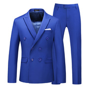 宝蓝色双排扣男士西服两件套纯色商务休闲2023年西装套装外套裤子