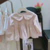 女童长袖衬衫宝宝可爱娃娃领翻领纯色上衣春季儿童韩版娃娃衫