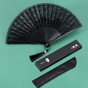 古典旗袍蕾丝扇子古风折扇，夏季中国风女士，便携折叠小扇黑色舞蹈扇