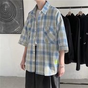日系绿色格子短袖衬衫男ins潮，夏季无性别七分袖衬衣oversize外套