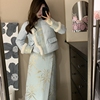 N1102中式复古绣花蓝色面包服外套白鸭绒羽绒服半裙套装冬季保暖