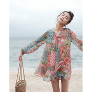 短短假日度假风海边沙滩裙，长袖拼接印花雪纺连衣裙罩衫夏季