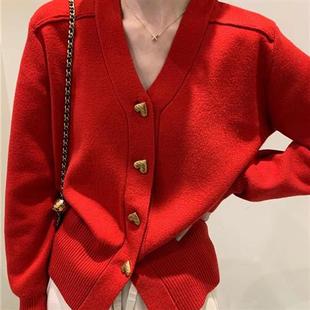 毛衣外套女开衫秋冬红色，长袖v领显瘦高级感洋气时尚针织