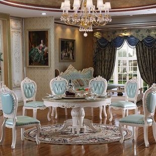 欧式大理石圆桌带转盘家用实木餐桌椅组合8人圆形饭桌1.3米1.5米