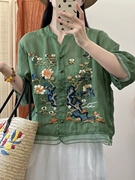 夏季复古重工刺绣纯苎麻衬衫，女文艺宽松气质，欧根纱拼接上衣薄