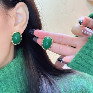 中古风法式复古vintae祖母绿色，耳钉优雅气质，百搭高级感耳环女耳夹