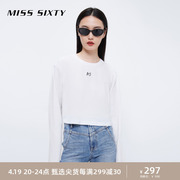 Miss Sixty长袖T恤女圆领M字刺绣时尚宽松短款简约百搭上衣