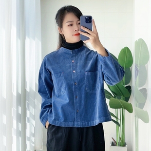 全棉女式灯芯绒外套2023秋季蓝色日系文艺圆领短款小个子开衫
