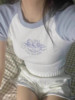 纯元~bm风~撞色T恤女装短袖奶蓝色天使印花图案螺纹高腰短款体恤
