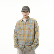 尾郎的店春季美式长袖衬衫男设计感高级感复古格子衬衣外套情侣潮