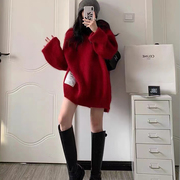 圣诞红色毛衣女2022秋冬设计感中长款宽松外穿慵懒风连帽外套