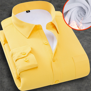 冬季加绒保暖衬衫男长袖时尚商务，休闲加厚黄色，衬衣男士打底衫棉衣