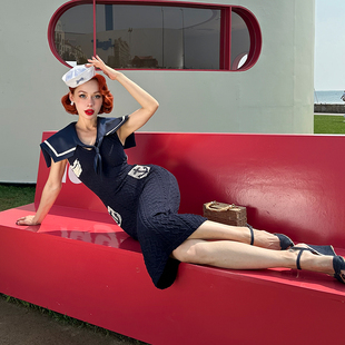 lepalaisvintage原创复古50年代海军风紧身针织露背长裙显身材