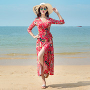 海边度假民族风情侣套装夏三亚(夏三亚)旅游裹身连衣裙垂感知性长裙精致女