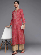 2024春印度女装圆领套头，大红色印花丝棉上衣民族风宽松长衫