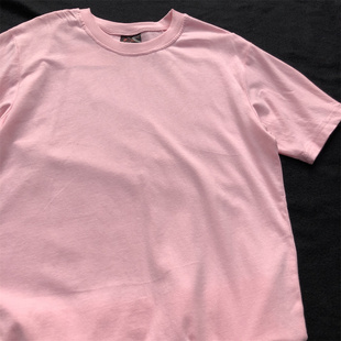 粉红色小码正肩纯色圆领短袖t恤衫男女夏季港风体恤粉色休闲上衣