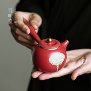 宫墙红莲生吉祥侧把壶，|复古描金莲蓬，粗陶小茶壶红釉陶瓷功夫茶具