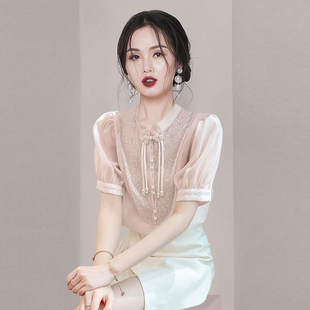 新中式国风盘扣雪纺上衣女2024夏季气质时尚减龄粉色短袖衬衫