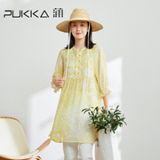 蒲pukka原创设计女装春夏，温柔苎麻印花中式衬衫连衣裙