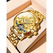 瑞士18k金色男士手表，男式机械表全自动镂空品牌名表十大