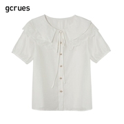 gcrues刺绣镂空衬衫女2024夏季单排扣短袖白色娃韩系早春穿搭