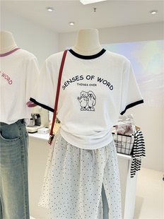 卡通小猫印花韩系夏季白色半袖宽松减龄拼色短袖打底衫T恤女