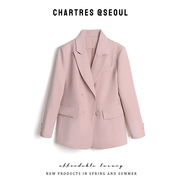 粉色西装外套女设计感短款休闲宽松上衣，韩版气质小个子米白西服