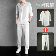 中国风亚麻套装男夏季超薄款速干冰丝褶皱t恤棉麻休闲长裤两件套