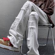 纯白色裤子男小众设计感假破洞牛仔裤，高街修身直筒，美式vibe微喇裤