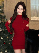 红色套袖韩版显瘦针织连衣裙，子女纯欲包臀裙辣妹秋冬季内搭