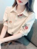 香港TIMO花色复古刺绣衬衫女短袖2024夏季POLO领女士显瘦小衫上衣