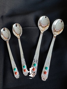 990足银镶嵌纯银蒙古银勺子艾斯银饰蒙古银饰纯银勺送礼银器餐具