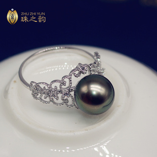 大溪地黑珍珠天然海水珍珠戒指，18k白金蕾丝复古款正圆强光孔雀绿