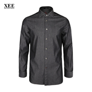 XEE商场同款 秋季深灰色纯棉长袖休闲衬衫一字领修身绅士衬衣
