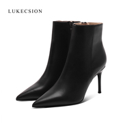 lukecsion黑色高跟小短靴女秋冬高级感尖头气，质细跟侧拉链及踝靴