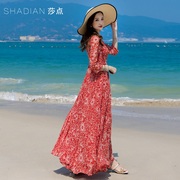 红色新中式国风旗袍连衣裙长款女2024雪纺长裙，大摆海边沙滩裙