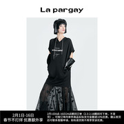 Lapargay纳帕佳2023夏季女装黑白色裙子拼接连帽印花连衣裙潮