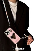 原创小众粉色少女镜面适用于苹果x手机壳xr爱心斜挎链条xsmaxiPhone7可背肩带i8plus高级6p轻奢5代4s壳se