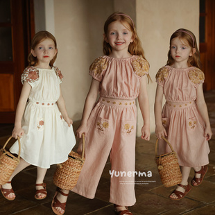 女童夏季小众复古短袖娃娃衫裤子半裙套装 宝宝幼儿园纯亚麻夏装