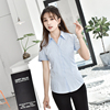韩版夏款女士浅蓝条纹短袖衬衫竖纹V领职业装工装办公面试ol衬衣