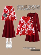红色甜美兔子针织毛衣女秋季宽松显瘦设计感搭法式长袖连衣裙