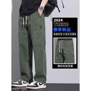 军绿色工装裤子男士，2024春秋宽松直筒，潮牌美式多口袋休闲长裤
