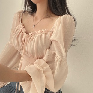 韩国chic早秋法式小众木耳边系带方领收腰喇叭袖雪纺衫短款衬衫女