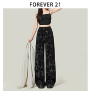 Forever 21新中式盘扣裤子女国风印花长裤梨形身材阔腿黑色休闲裤